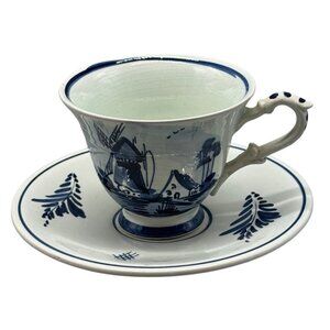 Vintage Delft Blue Holland Porcelain Tea Cup Saucer Windmill Floral blue READ